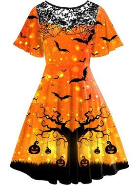 Women Halloween Lace Flutter Sleeve A-Line Party Dresses-Pumpkin Bat Orange